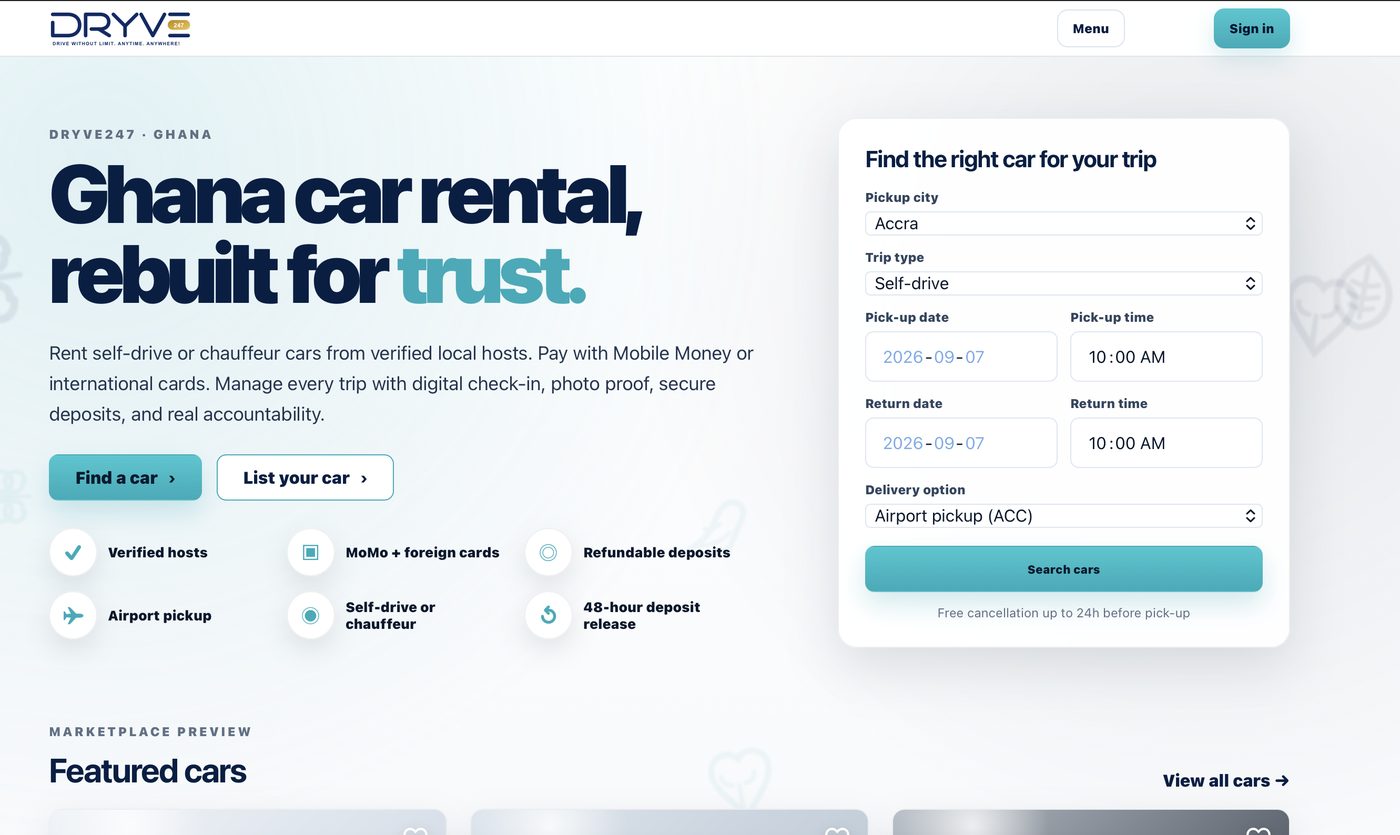 DRYVE247 homepage — Ghana car rental, rebuilt for trust